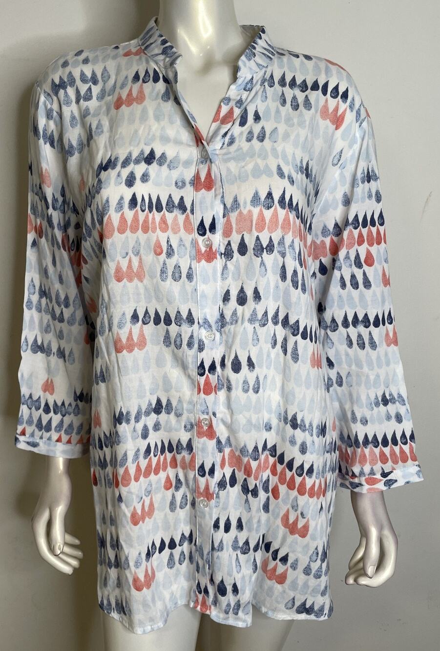 NorthStyle White Blue Red LS Blouse Top 1X Cotton Raindrops
